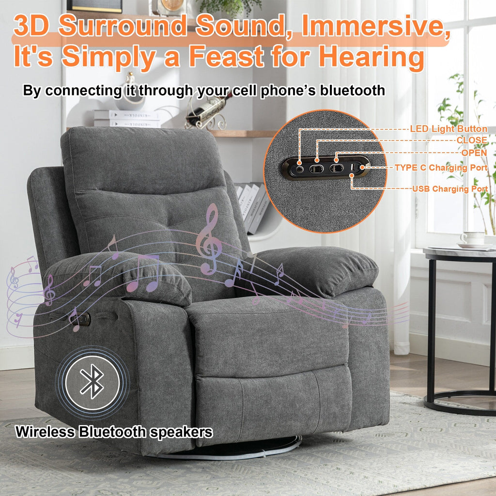 Fauteuil inclinable électrique moderne avec haut-parleur Bluetooth, éclairage LED, ports de chargement USB, repose-pieds rétractable et poches de rangement