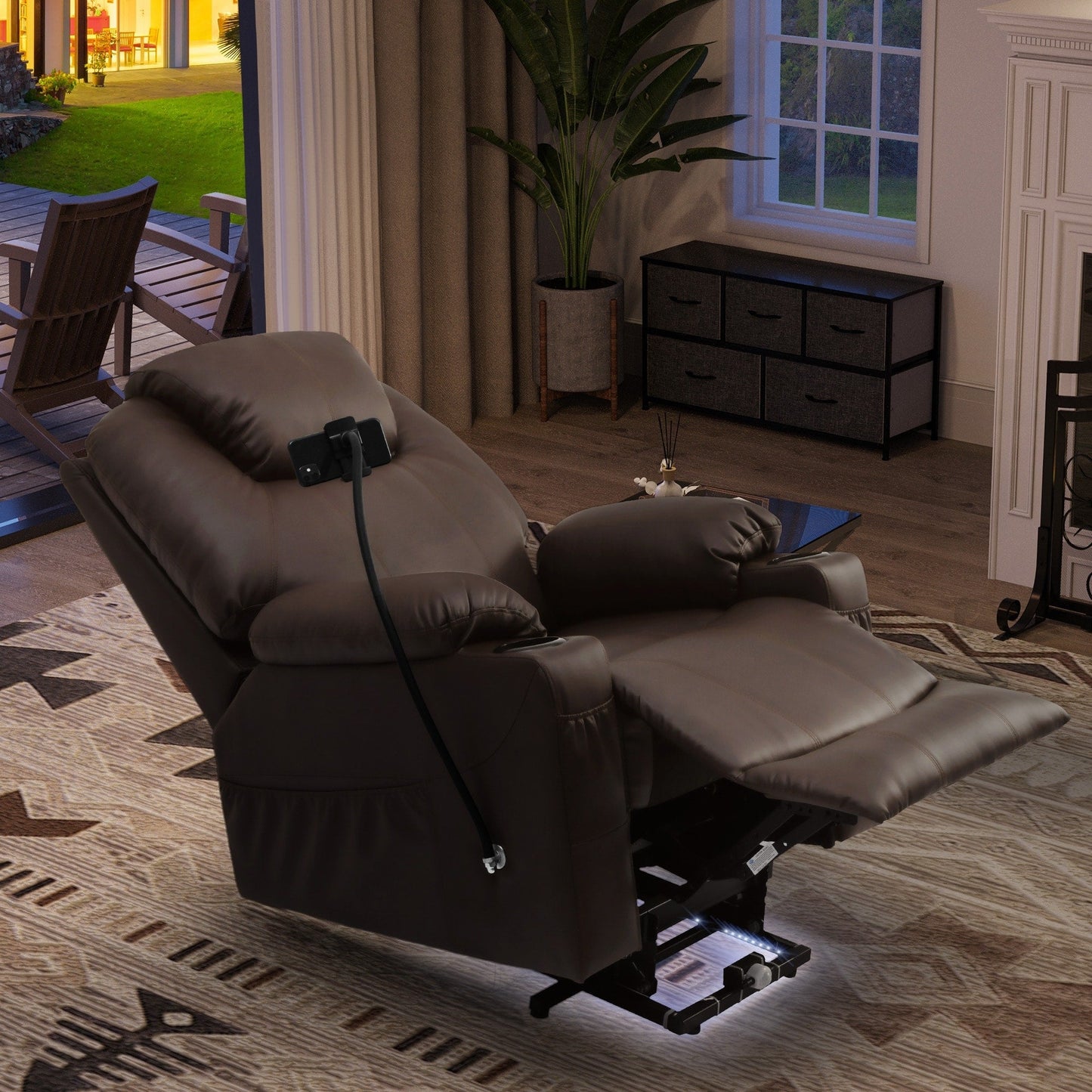 Fauteuil de massage inclinable moderne en tissu avec LED et support pour téléphone portable