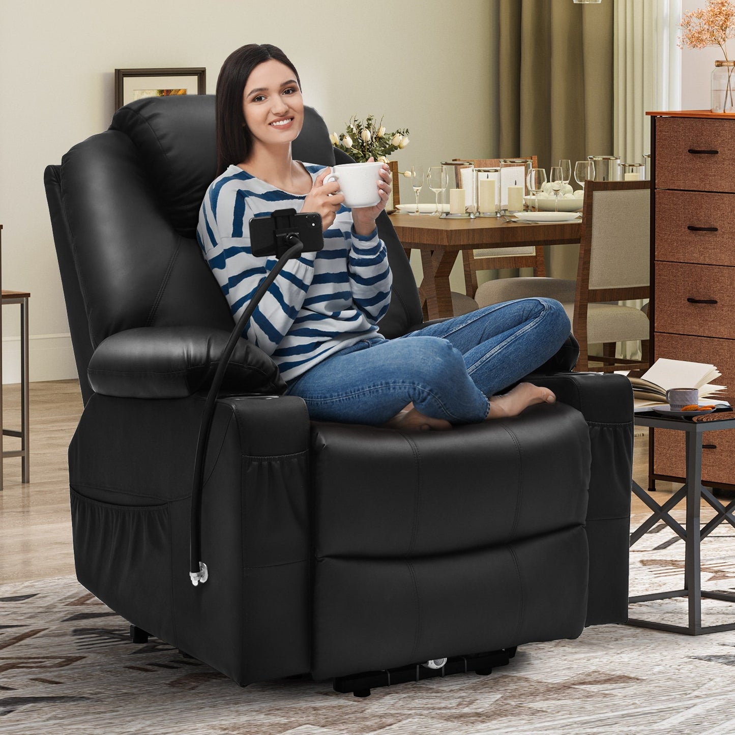 Fauteuil de massage inclinable moderne en tissu avec LED et support pour téléphone portable