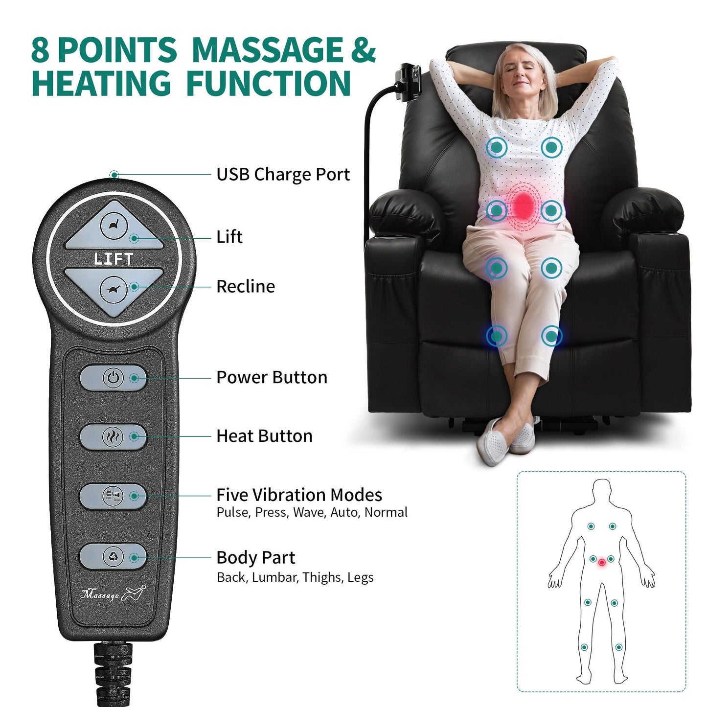 Fauteuil de massage inclinable moderne en tissu avec LED et support pour téléphone portable