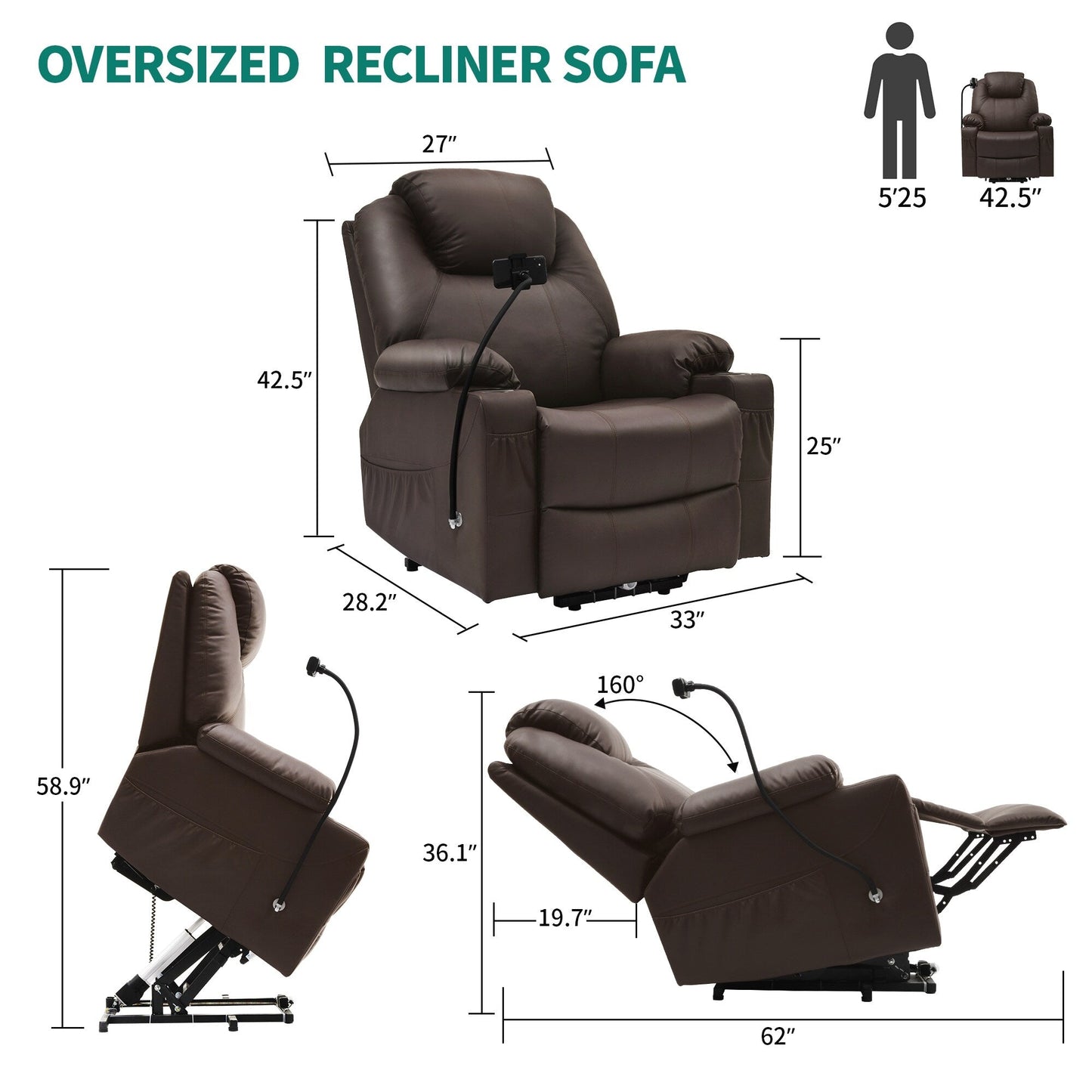 Fauteuil de massage inclinable moderne en tissu avec LED et support pour téléphone portable