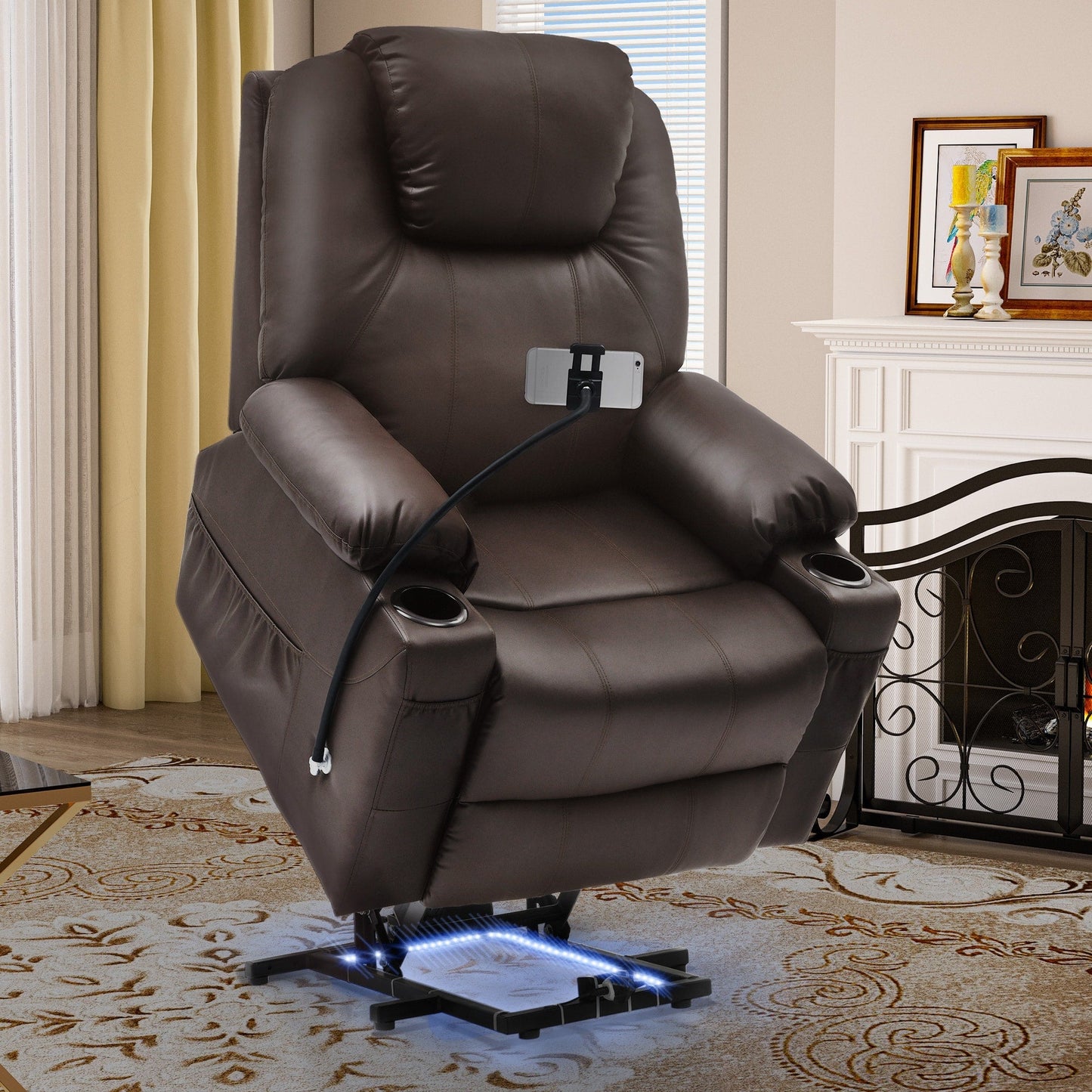 Fauteuil de massage inclinable moderne en tissu avec LED et support pour téléphone portable