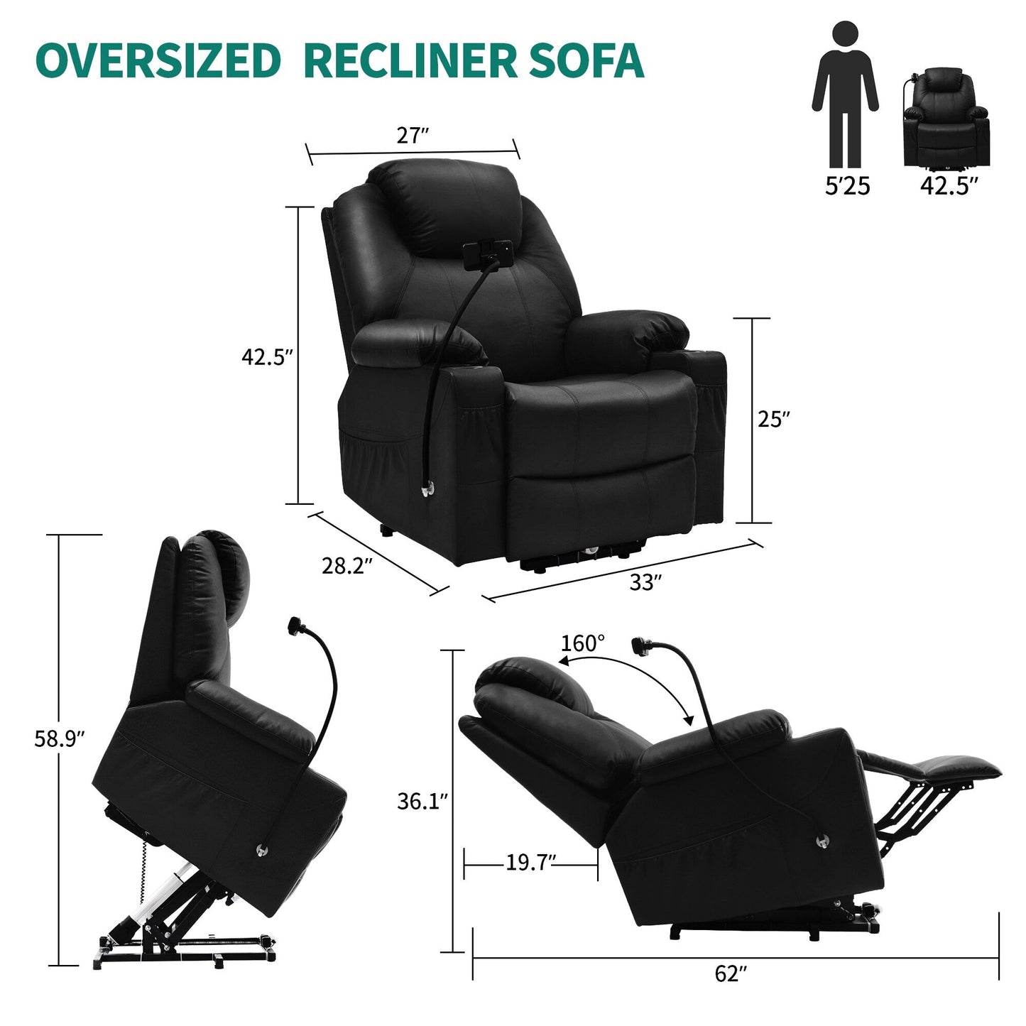Fauteuil de massage inclinable moderne en tissu avec LED et support pour téléphone portable