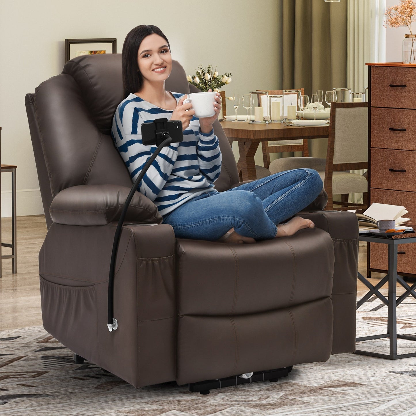 Fauteuil de massage inclinable moderne en tissu avec LED et support pour téléphone portable