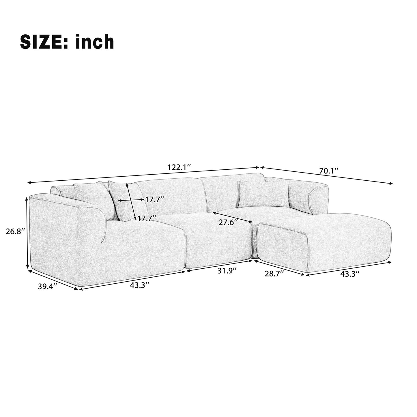 Canapé sectionnel moderne de luxe en velours 4 places avec pouf amovible et oreillers pour salon appartement