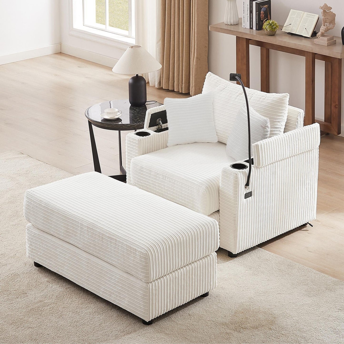 Canapé simple moderne avec pouf amovible, rangement dissimulé, ports USB, porte-gobelets et support de téléphone pour le salon