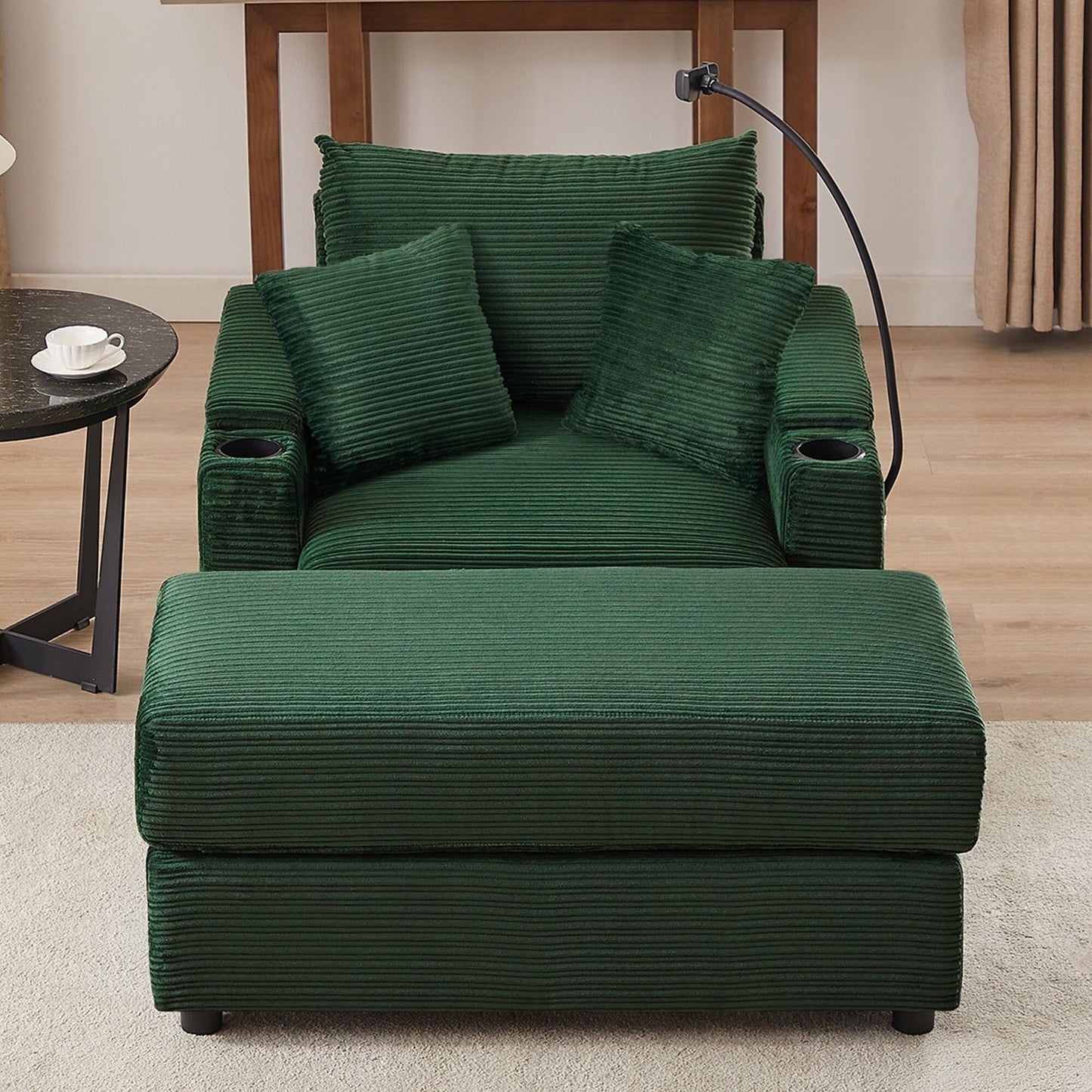 Canapé simple moderne avec pouf amovible, rangement dissimulé, ports USB, porte-gobelets et support de téléphone pour le salon