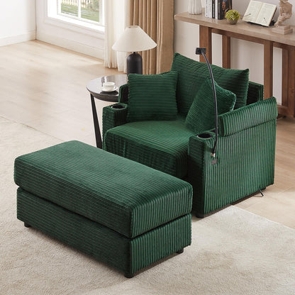 Canapé simple moderne avec pouf amovible, rangement dissimulé, ports USB, porte-gobelets et support de téléphone pour le salon