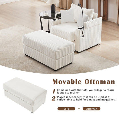 Canapé simple moderne avec pouf amovible, rangement dissimulé, ports USB, porte-gobelets et support de téléphone pour le salon