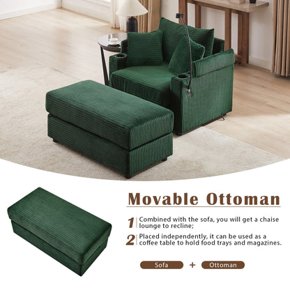 Canapé simple moderne avec pouf amovible, rangement dissimulé, ports USB, porte-gobelets et support de téléphone pour le salon