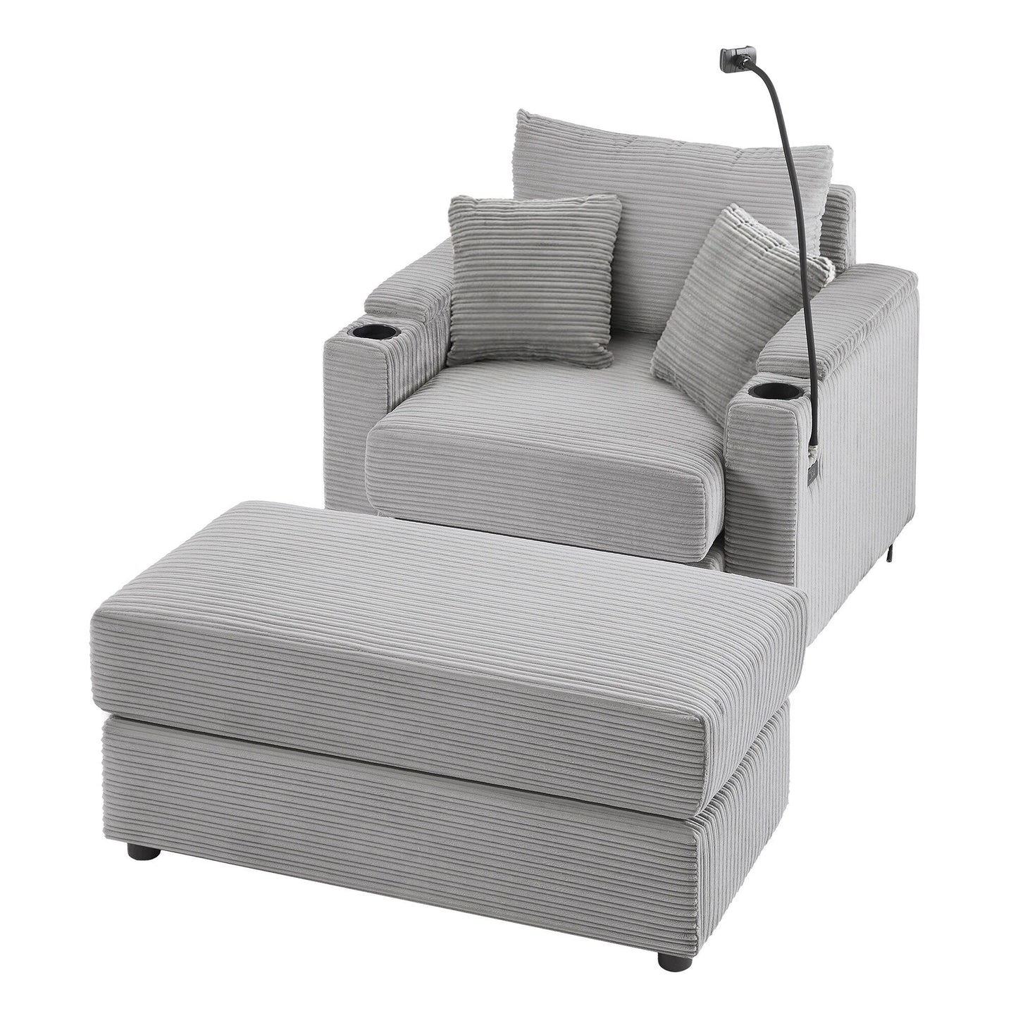 Canapé simple moderne avec pouf amovible, rangement dissimulé, ports USB, porte-gobelets et support de téléphone pour le salon
