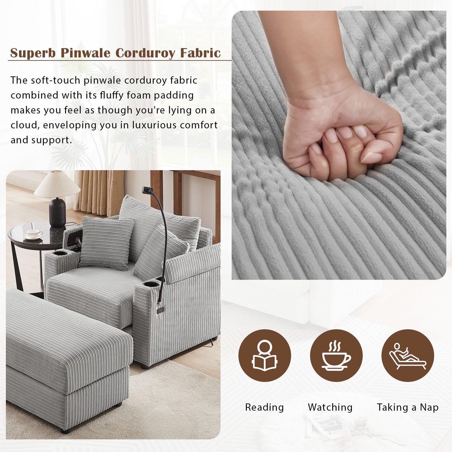 Canapé simple moderne avec pouf amovible, rangement dissimulé, ports USB, porte-gobelets et support de téléphone pour le salon