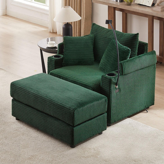 Canapé simple moderne avec pouf amovible, rangement dissimulé, ports USB, porte-gobelets et support de téléphone pour le salon