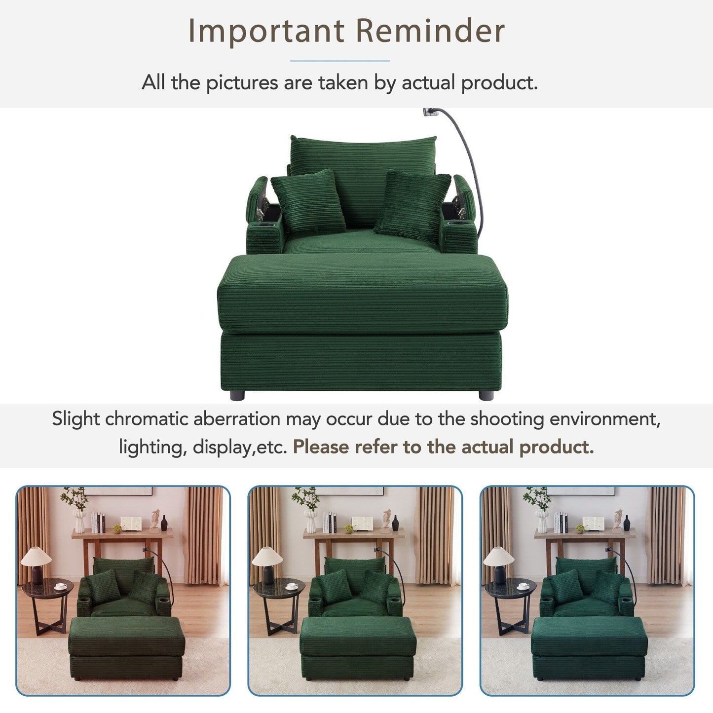 Canapé simple moderne avec pouf amovible, rangement dissimulé, ports USB, porte-gobelets et support de téléphone pour le salon