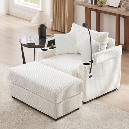 Canapé simple moderne avec pouf amovible, rangement dissimulé, ports USB, porte-gobelets et support de téléphone pour le salon