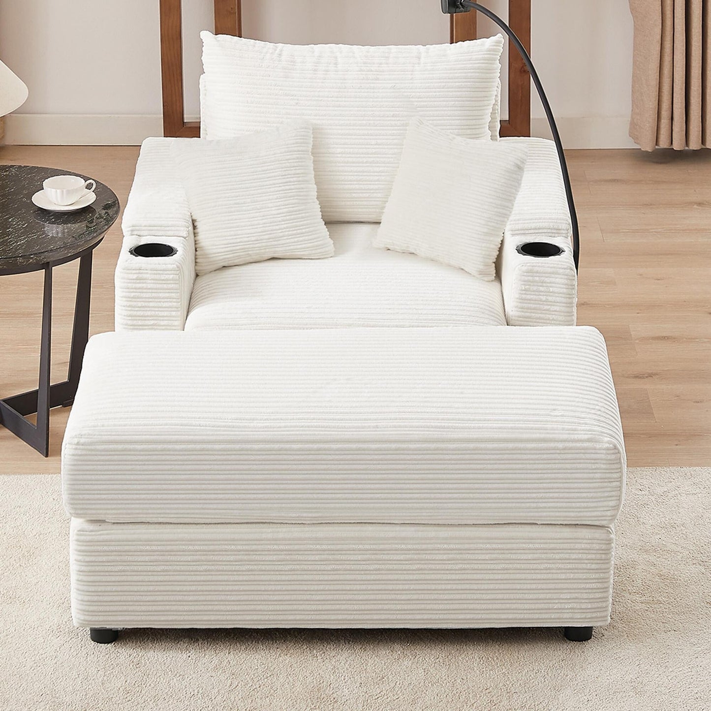 Canapé simple moderne avec pouf amovible, rangement dissimulé, ports USB, porte-gobelets et support de téléphone pour le salon