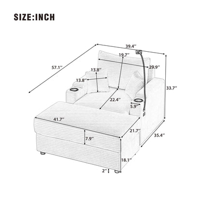 Canapé simple moderne avec pouf amovible, rangement dissimulé, ports USB, porte-gobelets et support de téléphone pour le salon