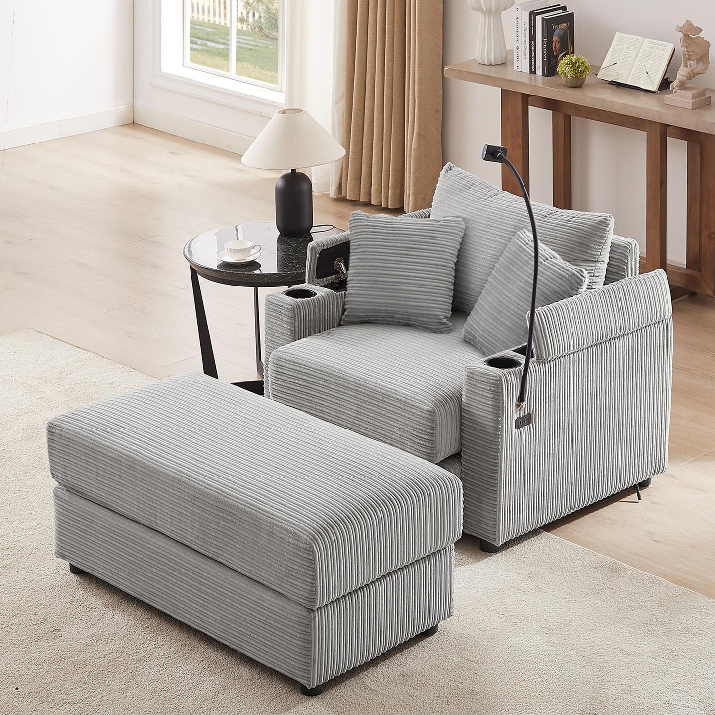 Canapé simple moderne avec pouf amovible, rangement dissimulé, ports USB, porte-gobelets et support de téléphone pour le salon
