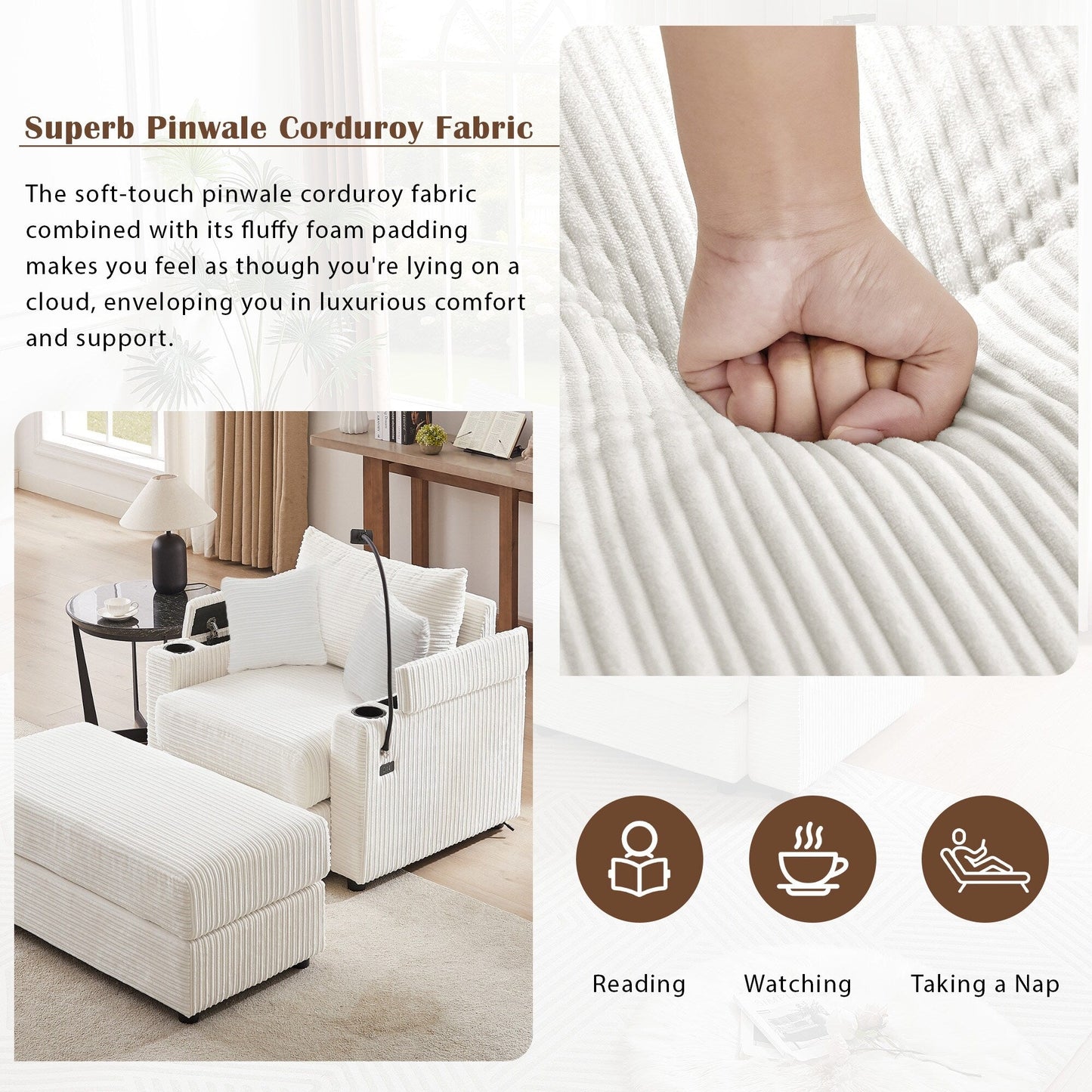 Canapé simple moderne avec pouf amovible, rangement dissimulé, ports USB, porte-gobelets et support de téléphone pour le salon