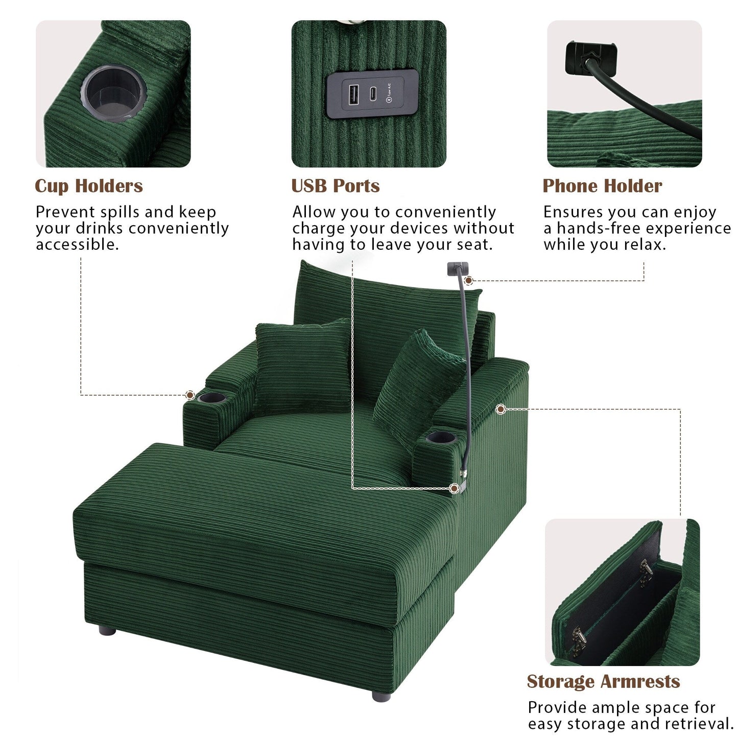 Canapé simple moderne avec pouf amovible, rangement dissimulé, ports USB, porte-gobelets et support de téléphone pour le salon