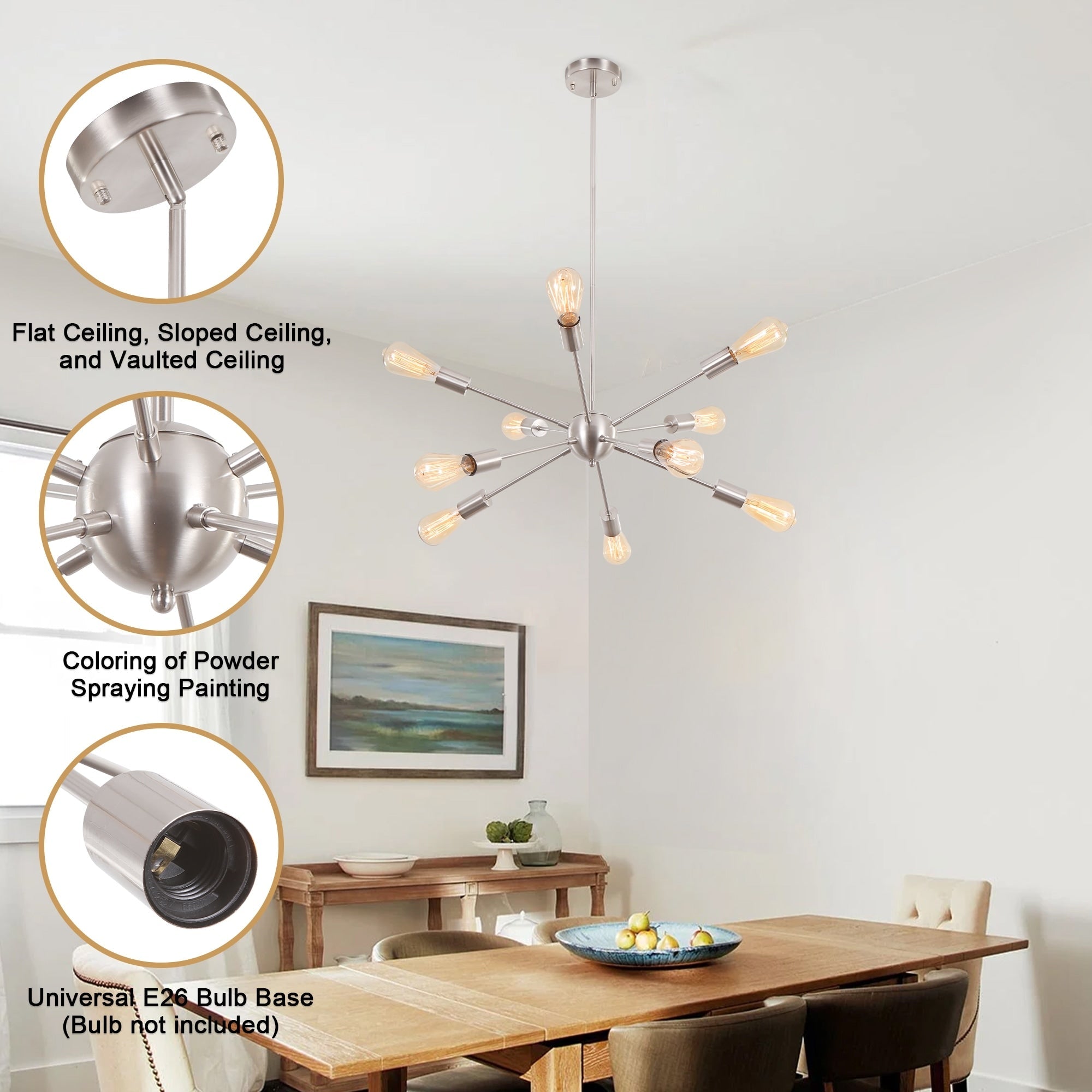 Lustre moderne Spoutnik à 10 lumières réglables pour cuisine, salle à manger, salon, chambre à coucher - N/A