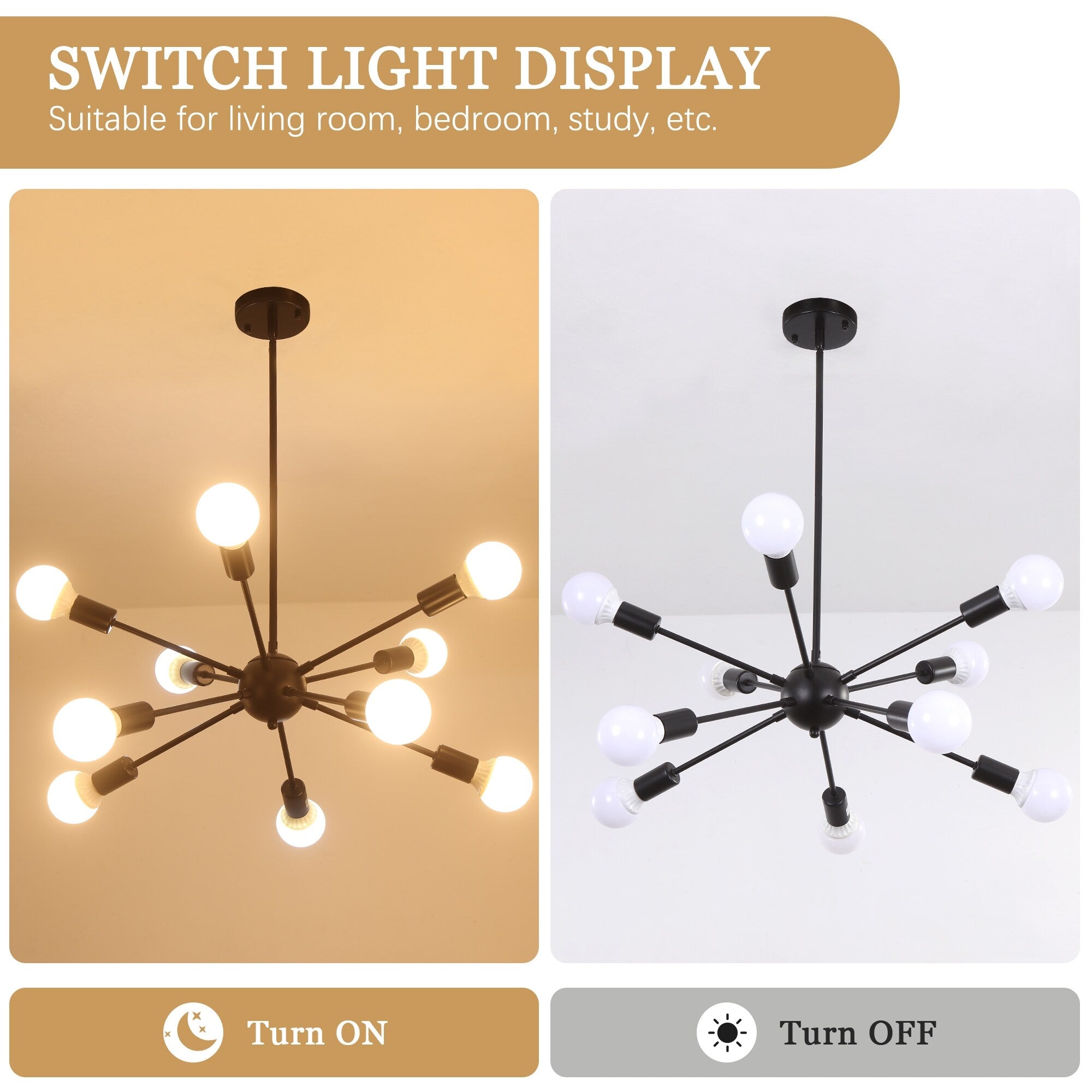 Lustre moderne Spoutnik à 10 lumières réglables pour cuisine, salle à manger, salon, chambre à coucher - N/A