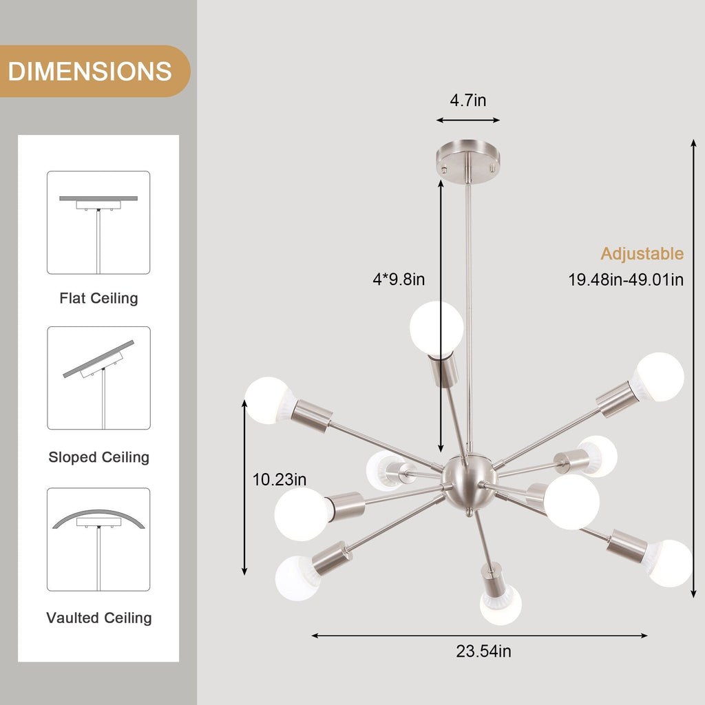 Lustre moderne Spoutnik à 10 lumières réglables pour cuisine, salle à manger, salon, chambre à coucher - N/A