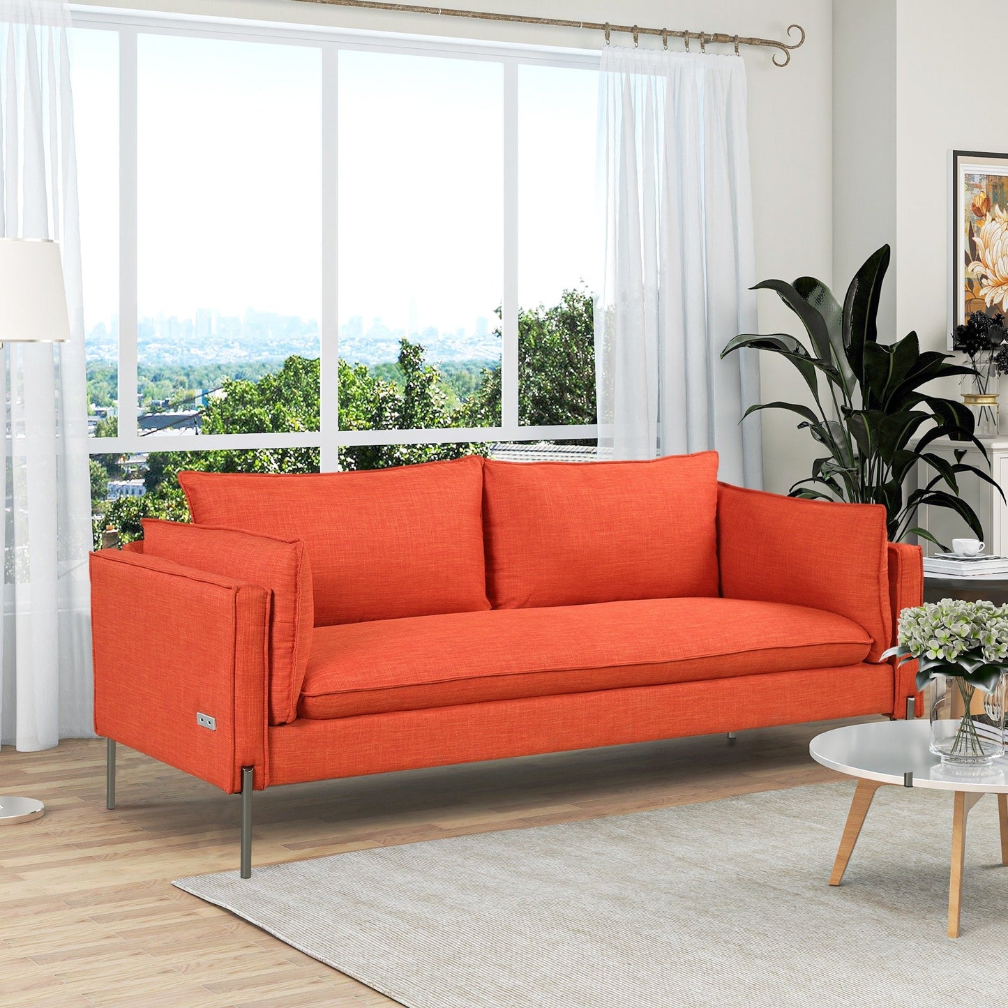 Canapé 3 places de style moderne en tissu de lin rembourré