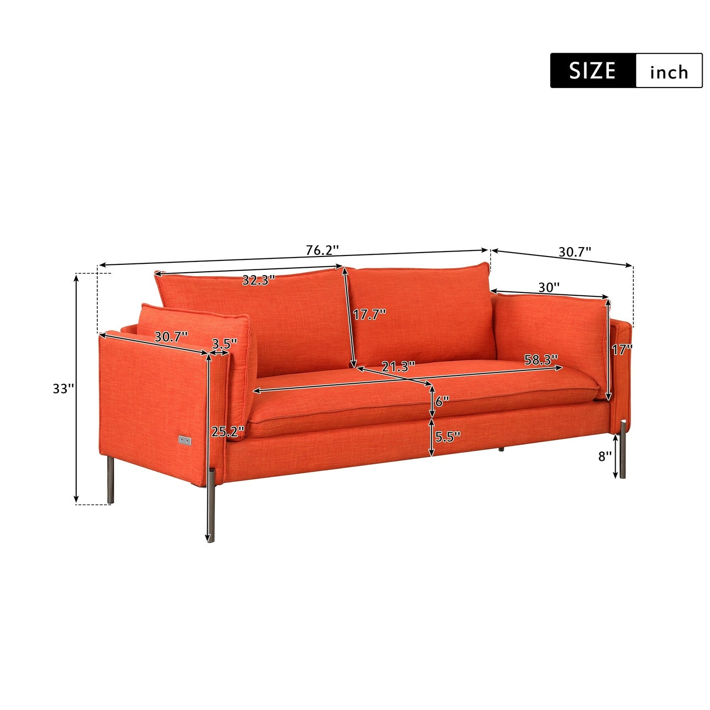 Canapé 3 places de style moderne en tissu de lin rembourré