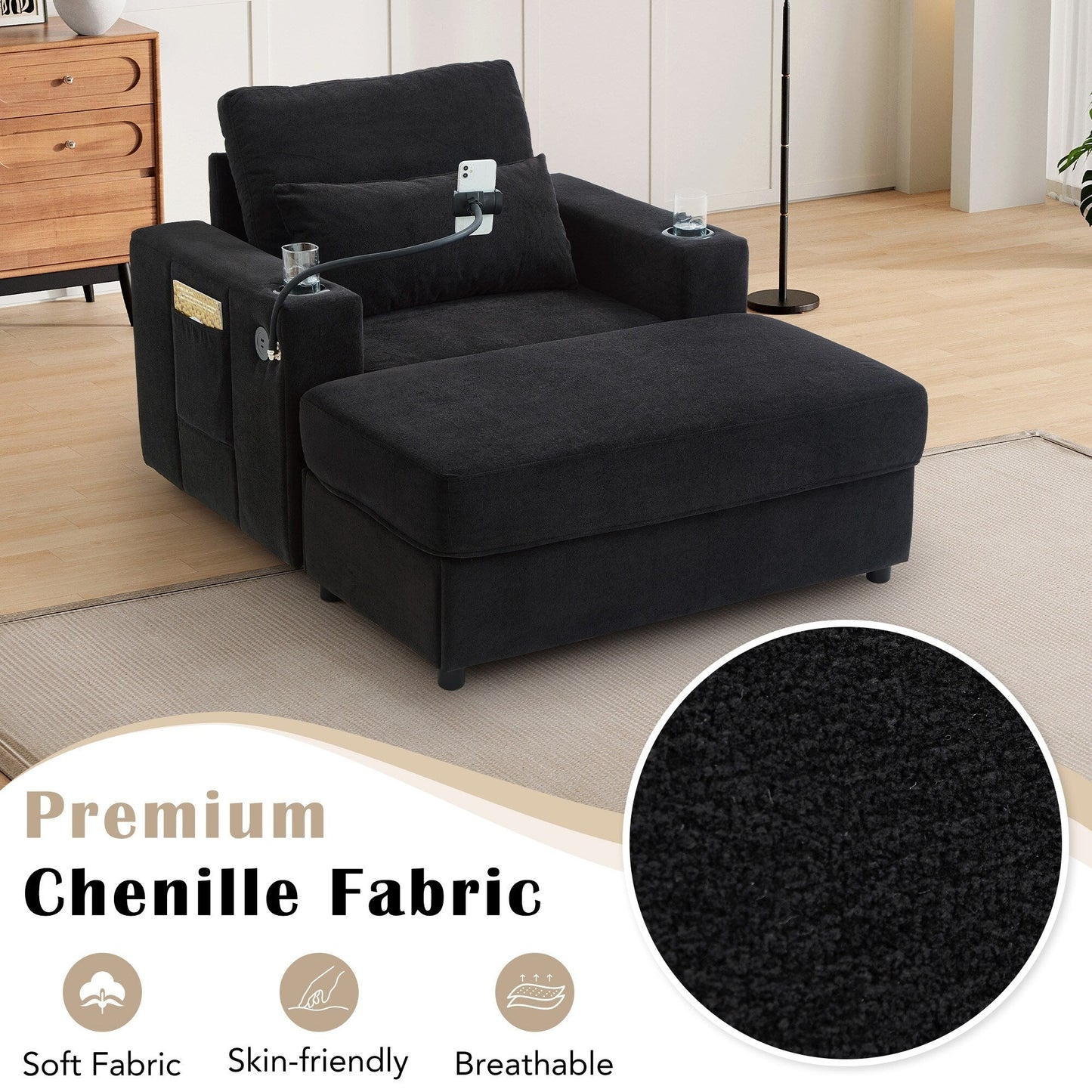 Fauteuil de style moderne 42,5" Chaise longue Canapé avec un pouf de rangement amovible, deux ports USB, deux porte-gobelets
