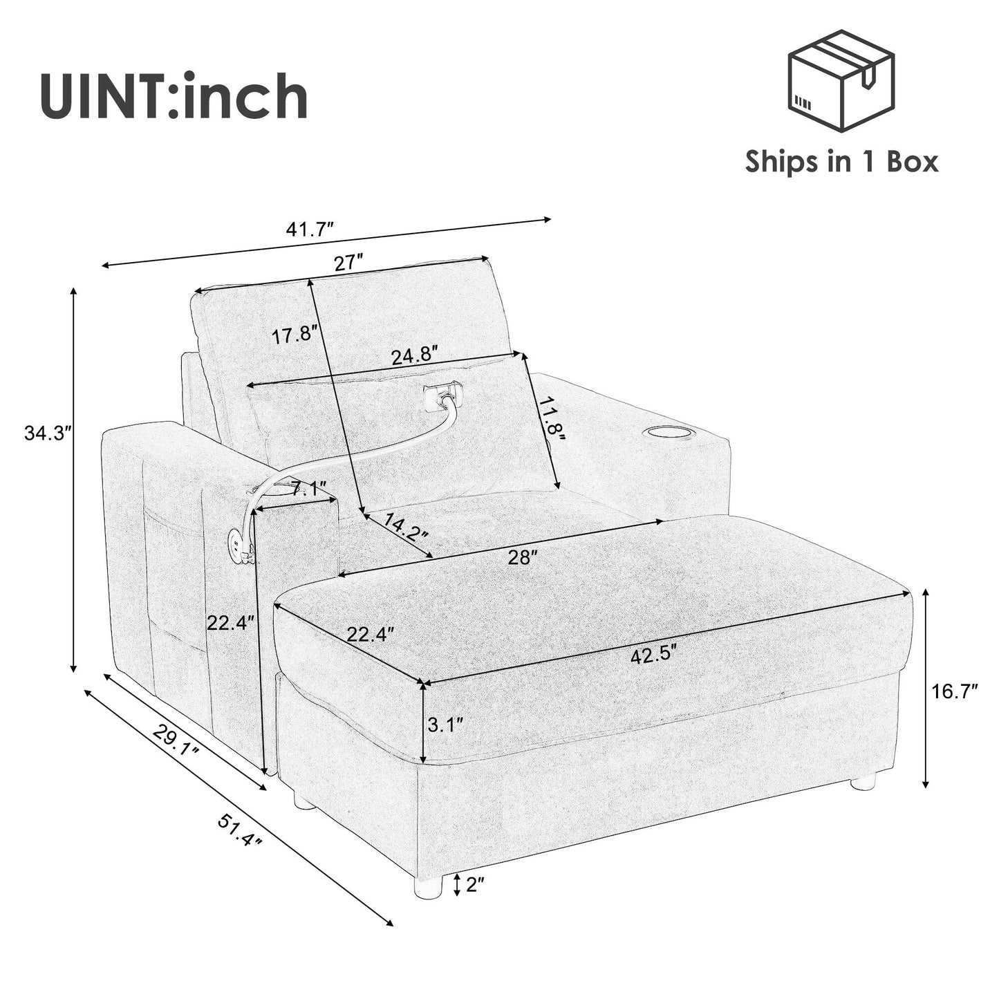 Fauteuil de style moderne 42,5" Chaise longue Canapé avec un pouf de rangement amovible, deux ports USB, deux porte-gobelets