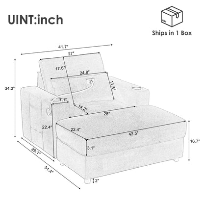 Fauteuil de style moderne 42,5" Chaise longue Canapé avec un pouf de rangement amovible, deux ports USB, deux porte-gobelets