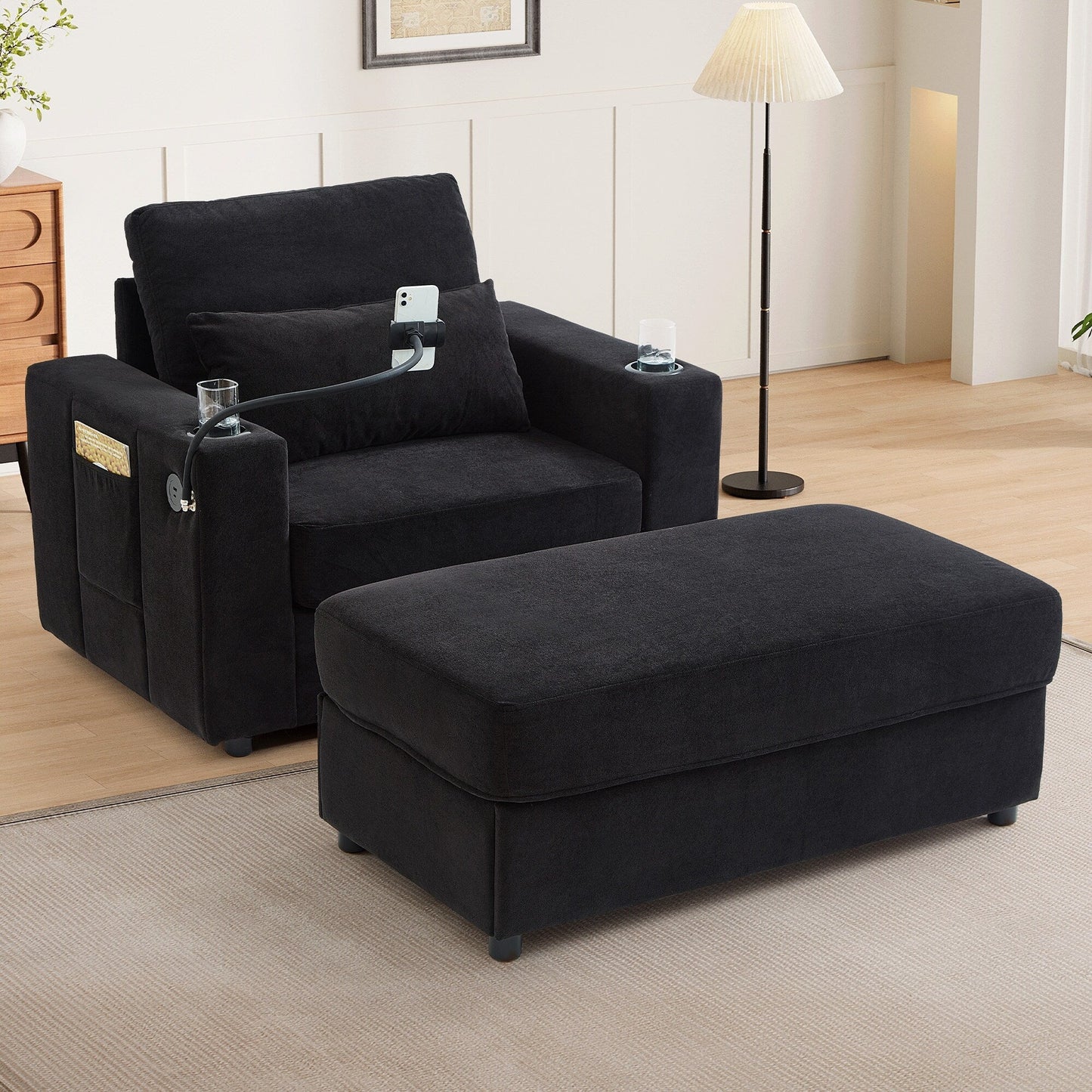 Fauteuil de style moderne 42,5" Chaise longue Canapé avec un pouf de rangement amovible, deux ports USB, deux porte-gobelets