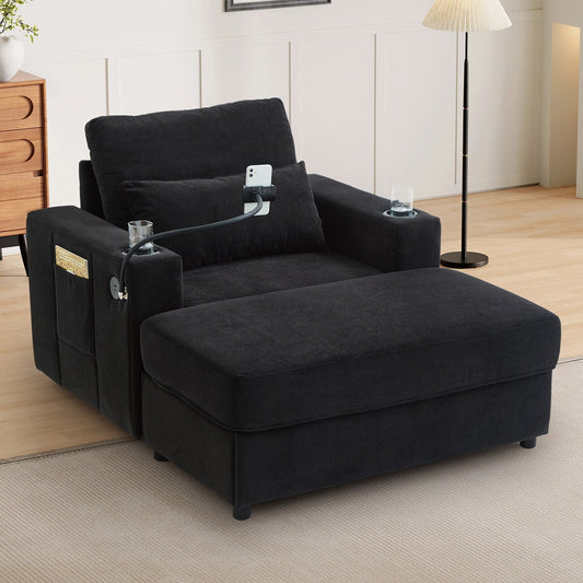 Fauteuil de style moderne 42,5" Chaise longue Canapé avec un pouf de rangement amovible, deux ports USB, deux porte-gobelets