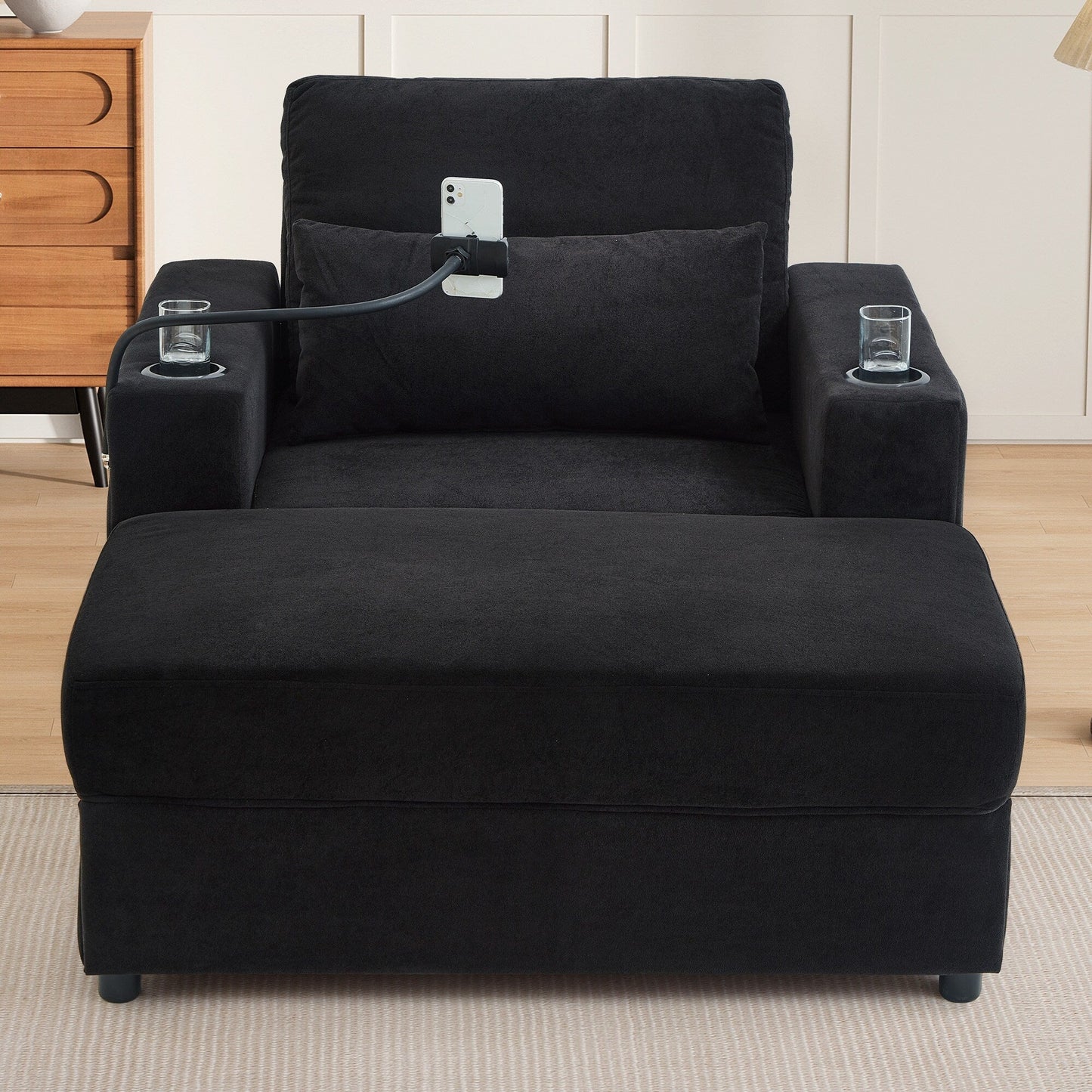 Fauteuil de style moderne 42,5" Chaise longue Canapé avec un pouf de rangement amovible, deux ports USB, deux porte-gobelets