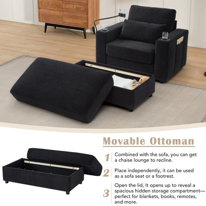 Fauteuil de style moderne 42,5" Chaise longue Canapé avec un pouf de rangement amovible, deux ports USB, deux porte-gobelets