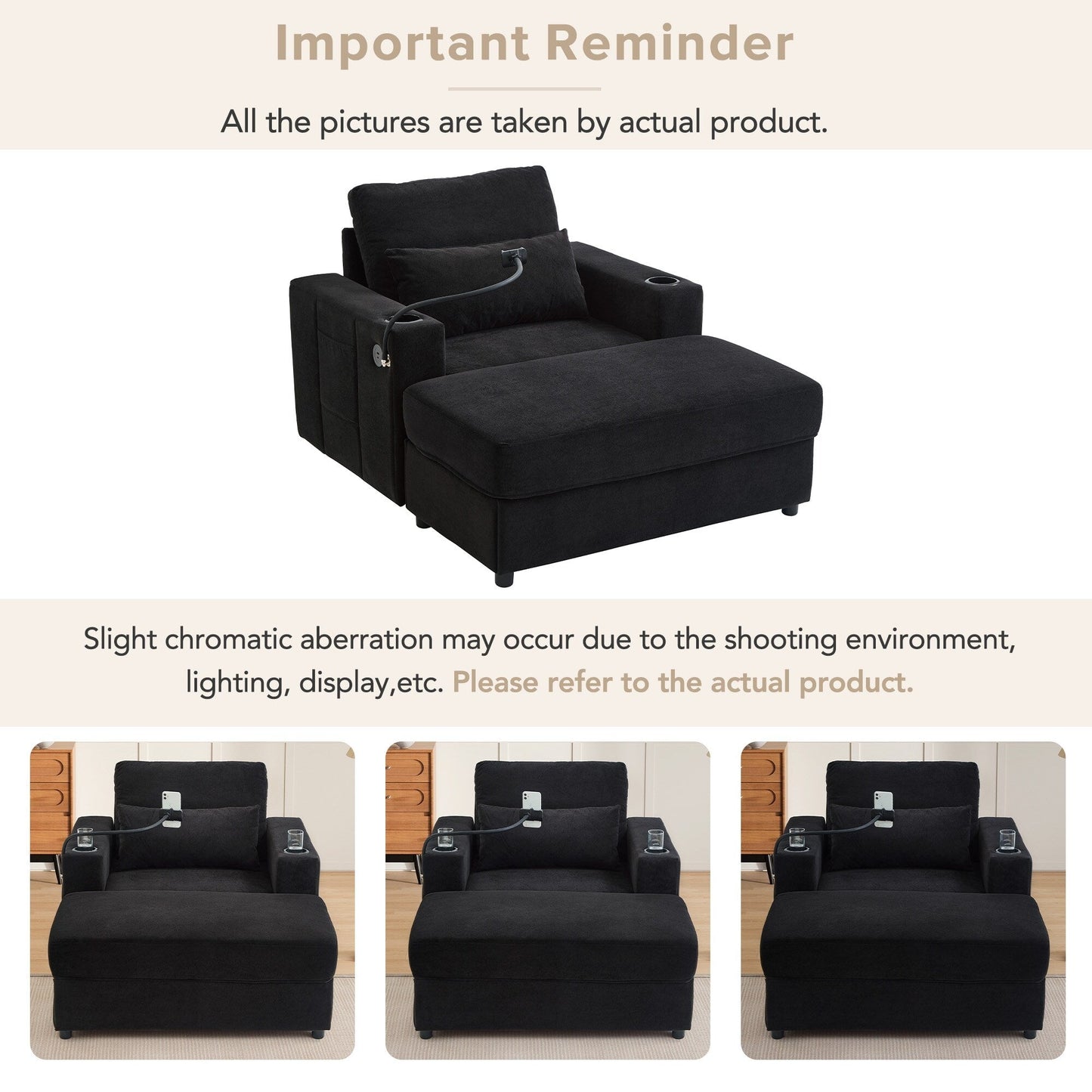 Fauteuil de style moderne 42,5" Chaise longue Canapé avec un pouf de rangement amovible, deux ports USB, deux porte-gobelets