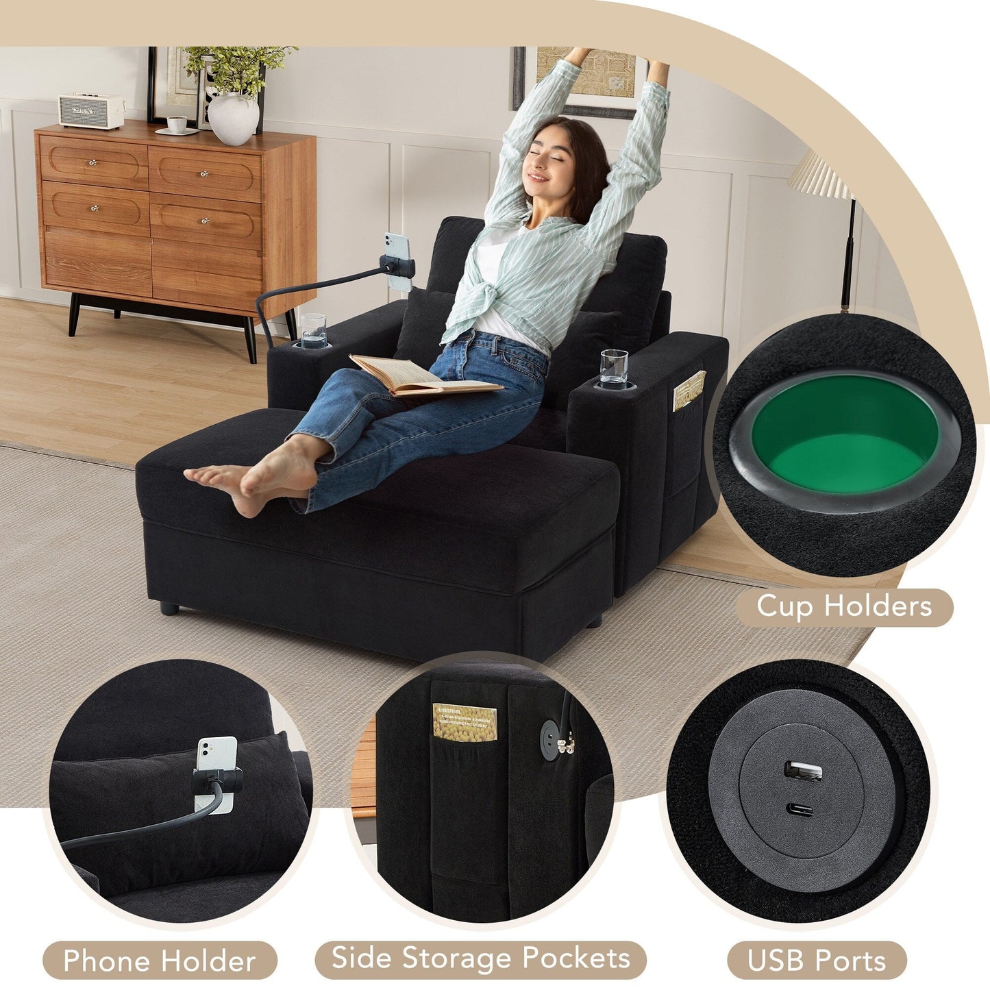 Fauteuil de style moderne 42,5" Chaise longue Canapé avec un pouf de rangement amovible, deux ports USB, deux porte-gobelets