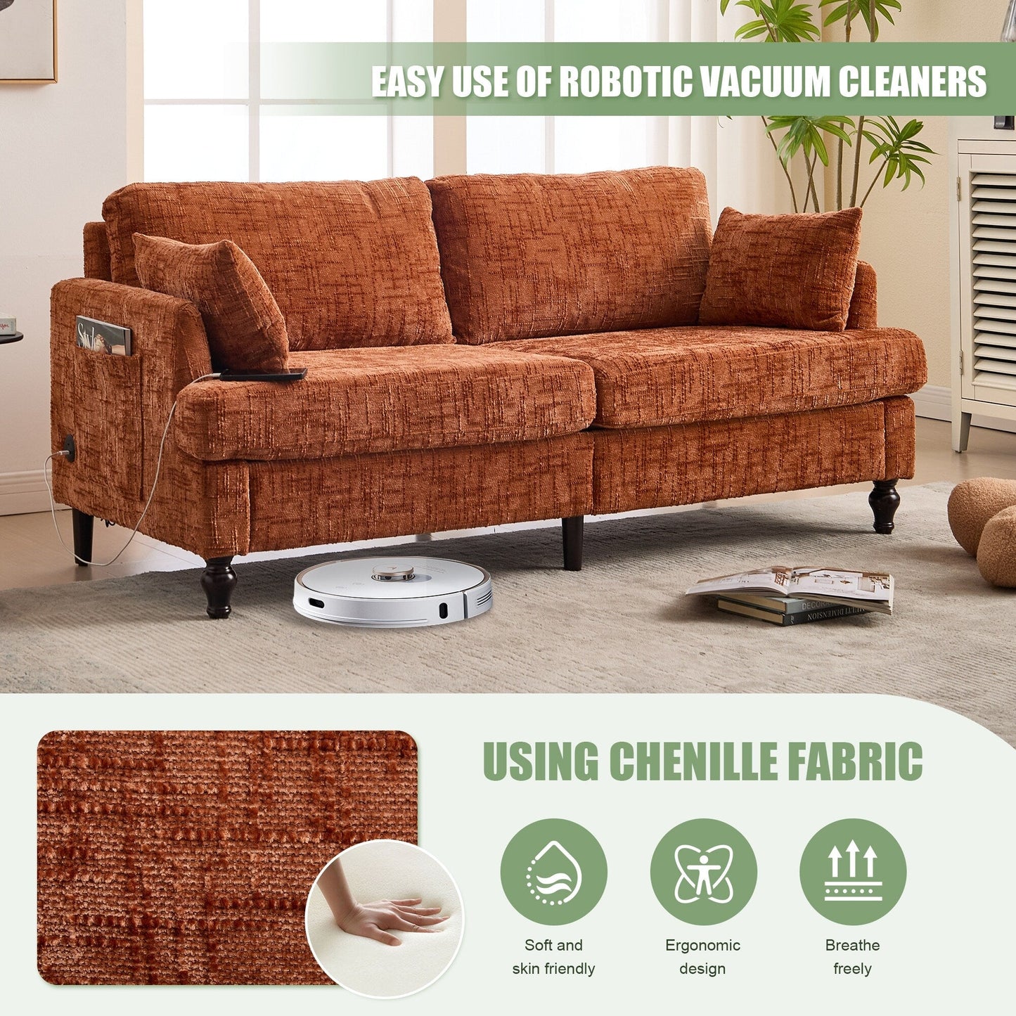 Canapé 2 places en chenille de style moderne avec pieds en bois, éclairage LED, port de chargement USB et sac de rangement, pour salon, chambre, bureau