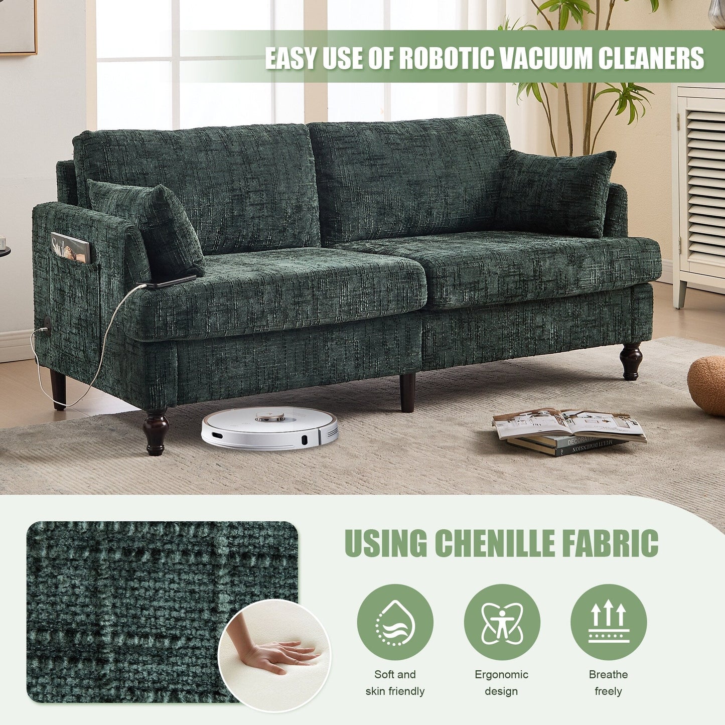 Canapé 2 places en chenille de style moderne avec pieds en bois, éclairage LED, port de chargement USB et sac de rangement, pour salon, chambre, bureau