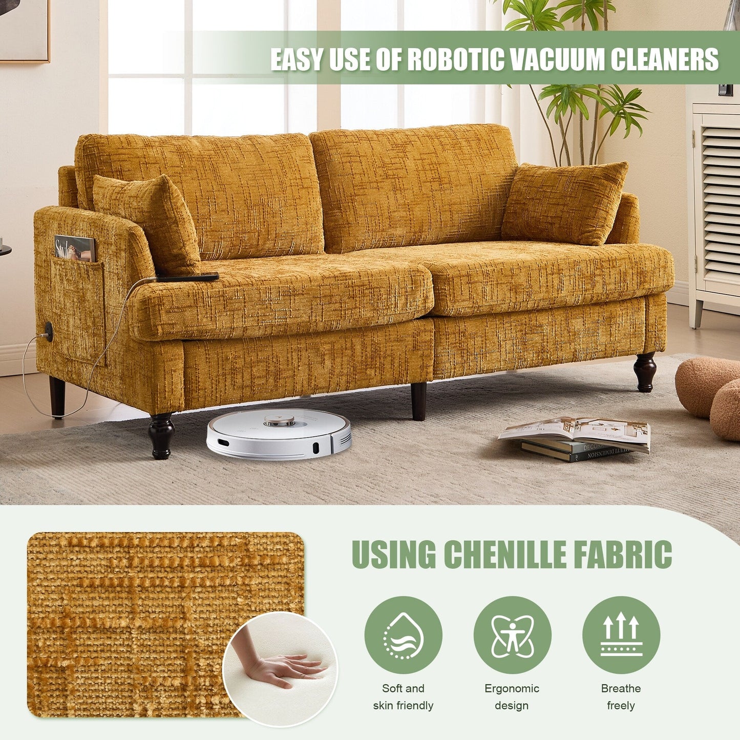 Canapé 2 places en chenille de style moderne avec pieds en bois, éclairage LED, port de chargement USB et sac de rangement, pour salon, chambre, bureau