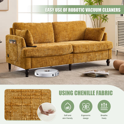 Canapé 2 places en chenille de style moderne avec pieds en bois, éclairage LED, port de chargement USB et sac de rangement, pour salon, chambre, bureau