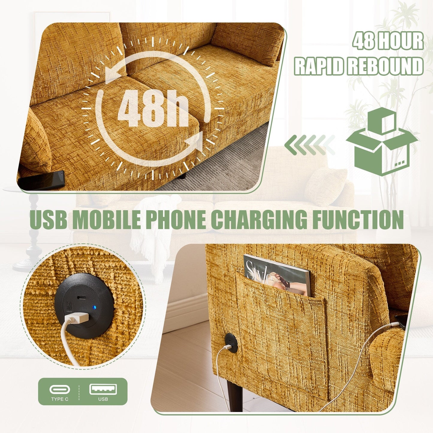 Canapé 2 places en chenille de style moderne avec pieds en bois, éclairage LED, port de chargement USB et sac de rangement, pour salon, chambre, bureau