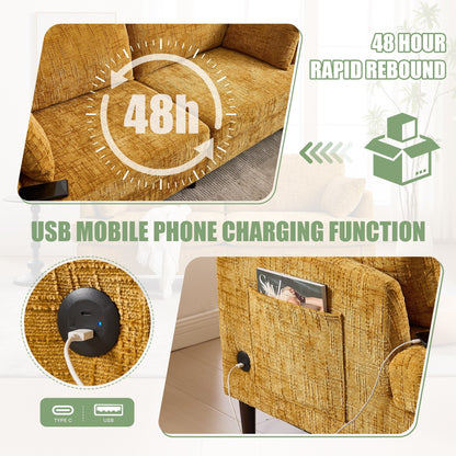 Canapé 2 places en chenille de style moderne avec pieds en bois, éclairage LED, port de chargement USB et sac de rangement, pour salon, chambre, bureau