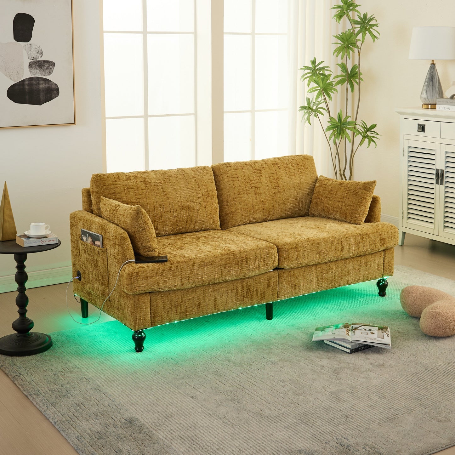 Canapé 2 places en chenille de style moderne avec pieds en bois, éclairage LED, port de chargement USB et sac de rangement, pour salon, chambre, bureau