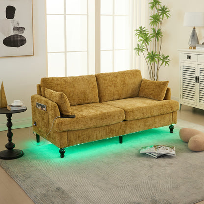 Canapé 2 places en chenille de style moderne avec pieds en bois, éclairage LED, port de chargement USB et sac de rangement, pour salon, chambre, bureau