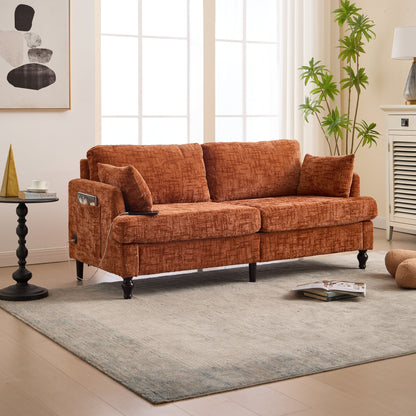 Canapé 2 places en chenille de style moderne avec pieds en bois, éclairage LED, port de chargement USB et sac de rangement, pour salon, chambre, bureau