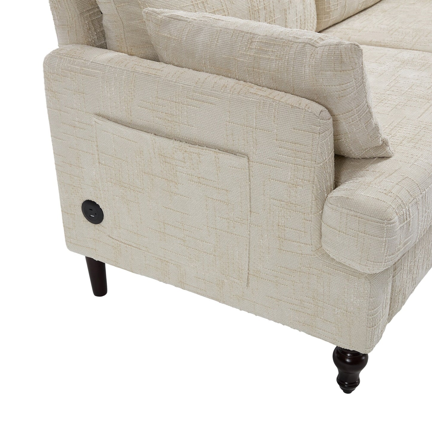 Canapé 2 places en chenille de style moderne avec pieds en bois, éclairage LED, port de chargement USB et sac de rangement, pour salon, chambre, bureau