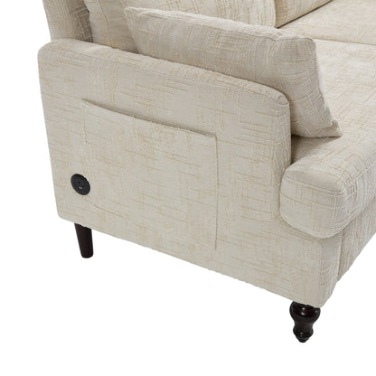 Canapé 2 places en chenille de style moderne avec pieds en bois, éclairage LED, port de chargement USB et sac de rangement, pour salon, chambre, bureau