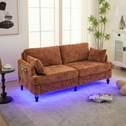 Canapé 2 places en chenille de style moderne avec pieds en bois, éclairage LED, port de chargement USB et sac de rangement, pour salon, chambre, bureau